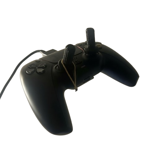 Foz's controller with extended sticks and a rubber band from the throttle stick to a centred lower hook.