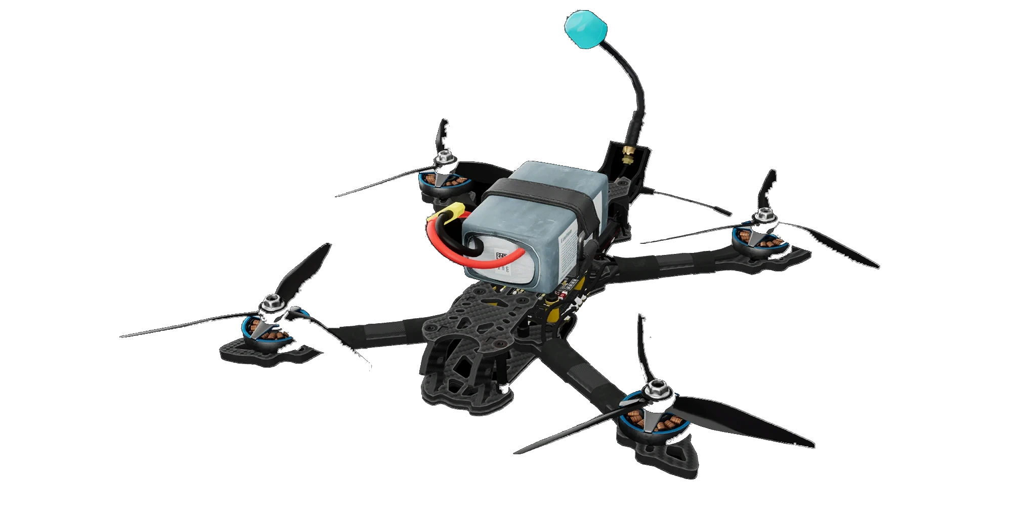 Sentinel drone with a battery strapped on top and a blue antenna.