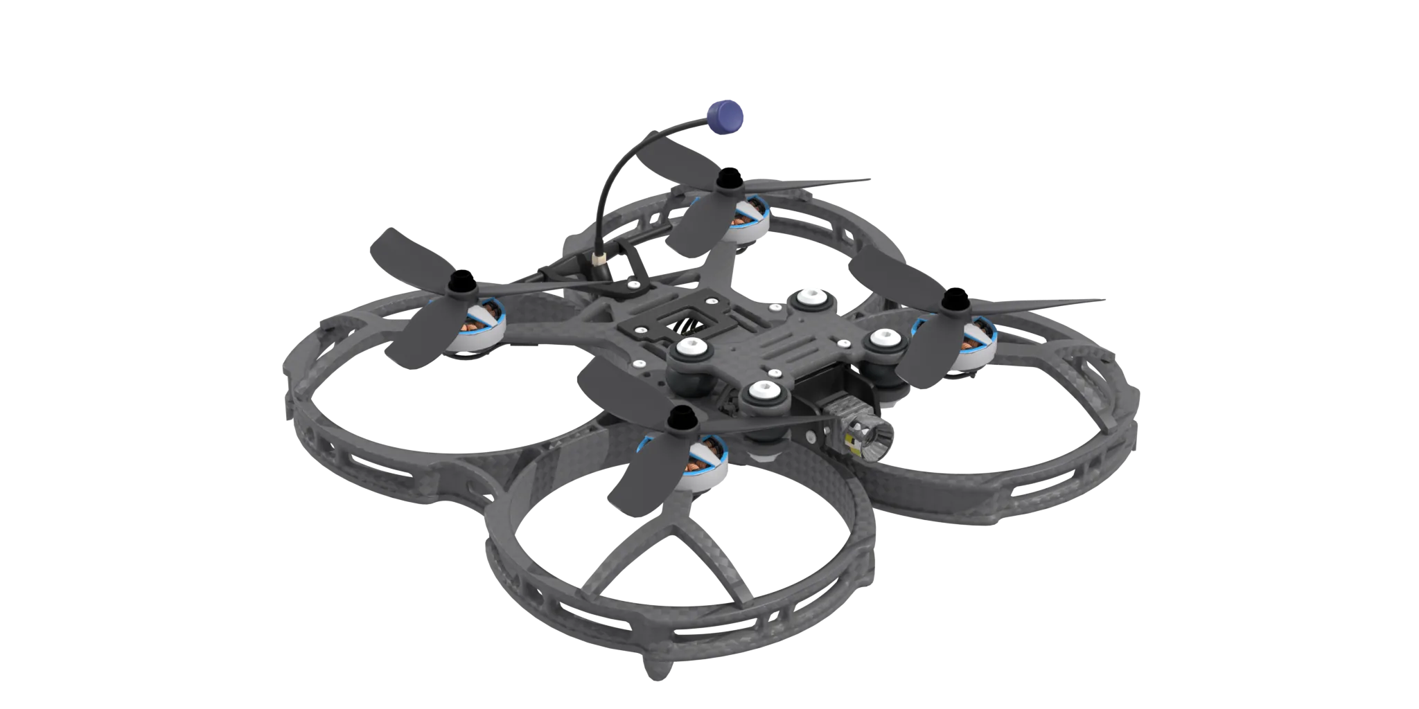 Spectator drone with a ducted carbon frame, black propellers and a rear antenna.