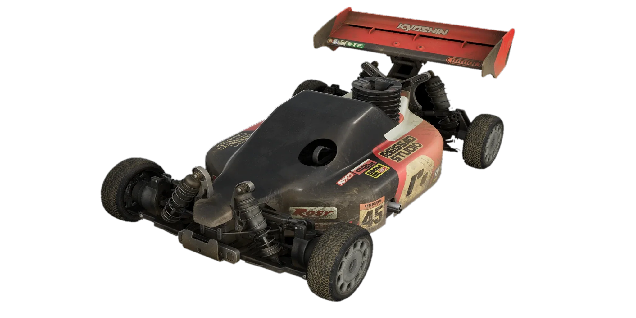 Kyoshin RC buggy with a red rear wing and slick tyres.