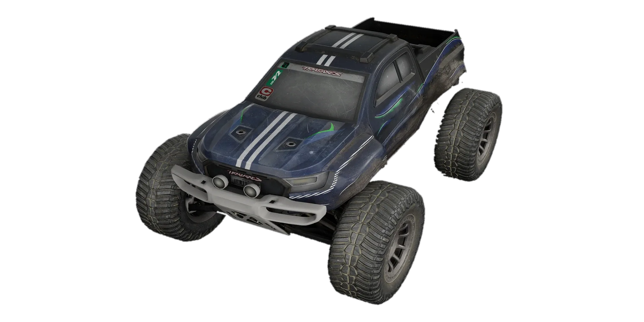 Trataxes RC truck with a dark blue pickup shell and large off-road tyres.