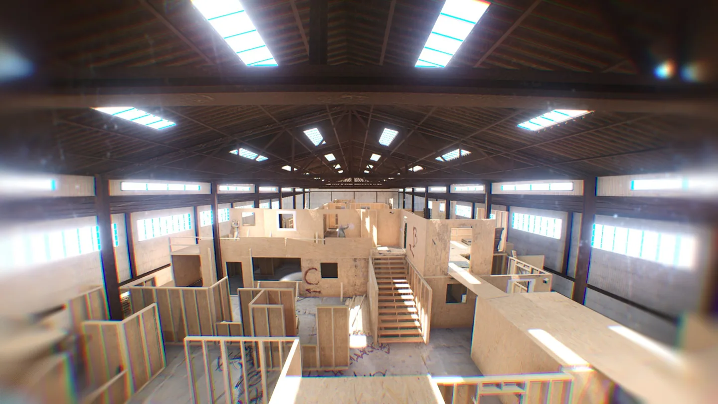Plywood rooms and raised walkways inside Airsoft.