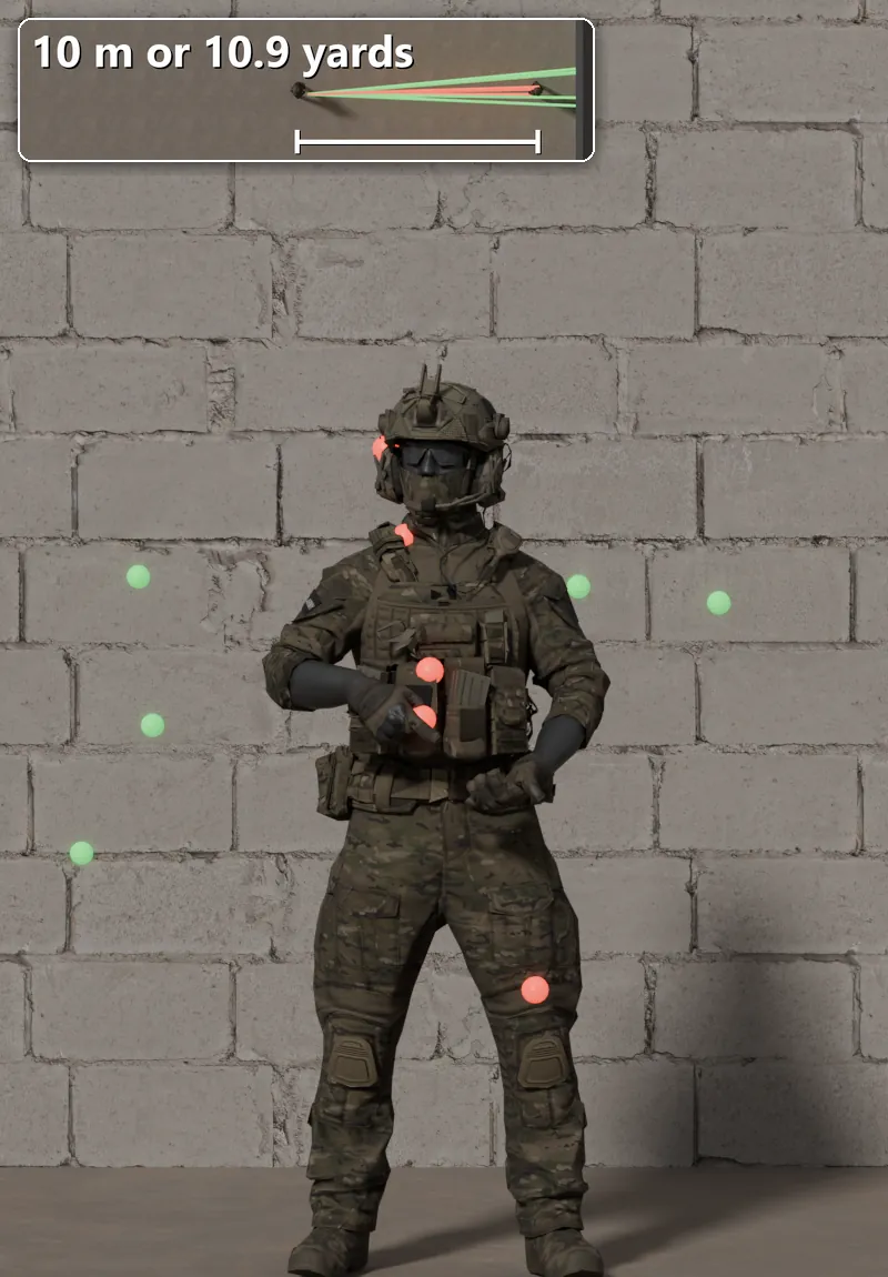 Stock BK-101 shot at a soldier 10 m away: 5 of 10 pellets hit.