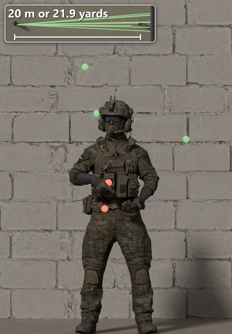 Stock BK-101 shot at a soldier 20 m away: 2 of 10 pellets hit.