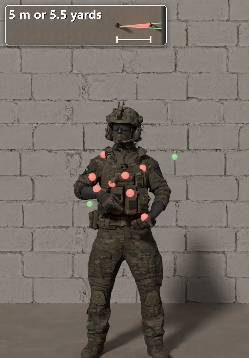 Stock BK-101 shot at a soldier 5 m away: 8 of 10 pellets hit.