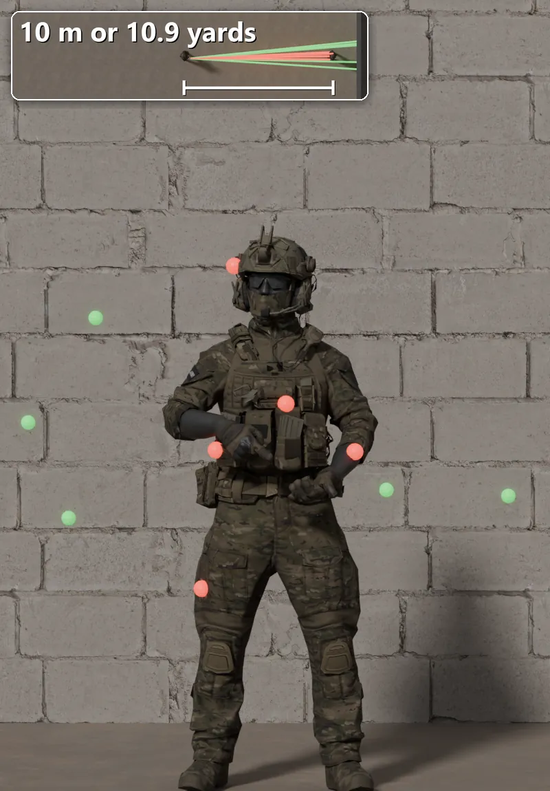 Stock BK-102S shot at a soldier 10 m away: 5 of 10 pellets hit.