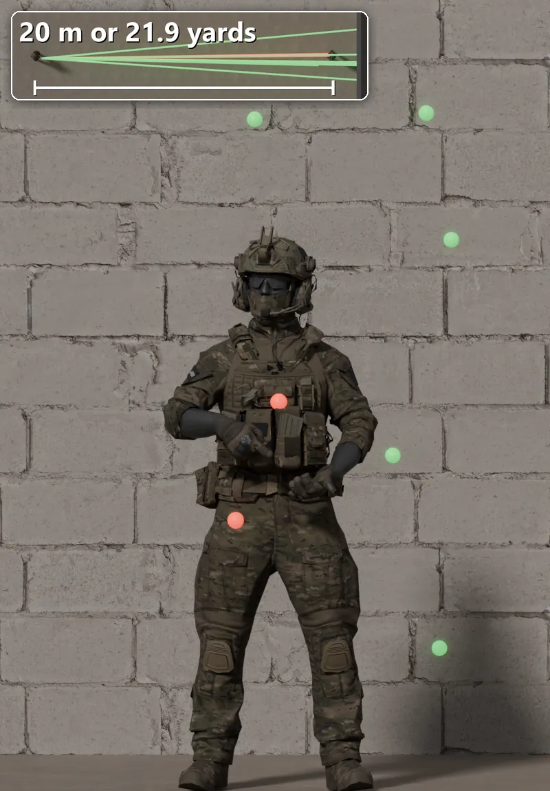 Stock BK-102S shot at a soldier 20 m away: 2 of 10 pellets hit.