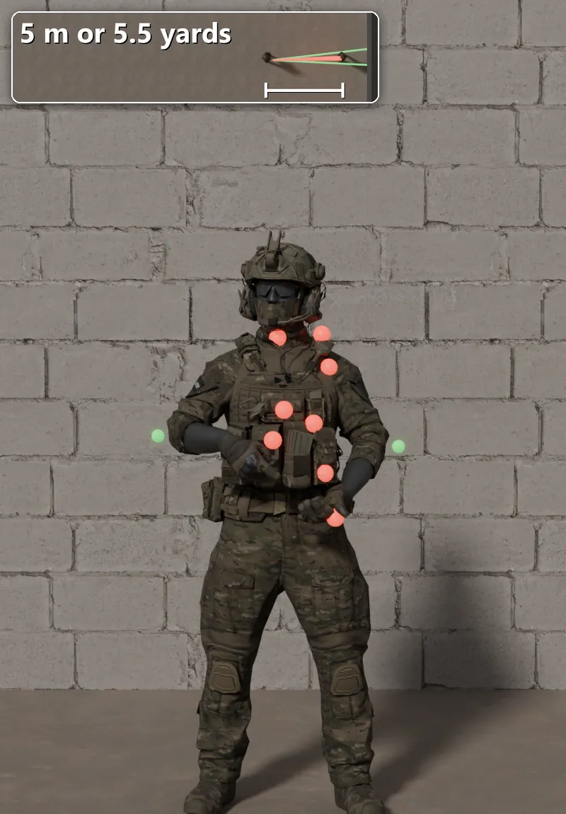 Stock BK-102S shot at a soldier 5 m away: 8 of 10 pellets hit.