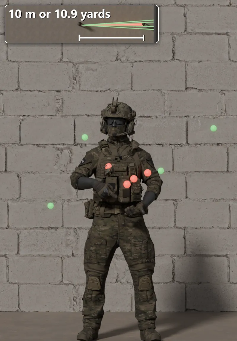 Stock R12 shot at a soldier 10 m away: 4 of 8 pellets hit.