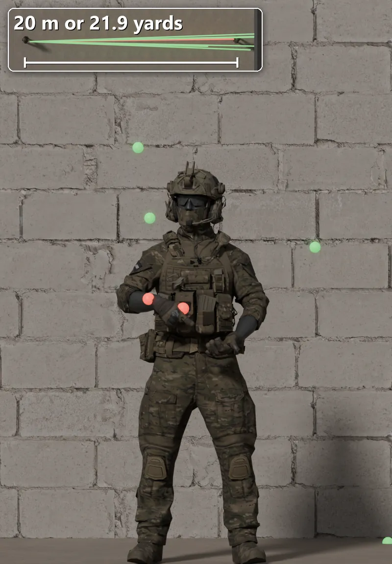 Stock R12 shot at a soldier 20 m away: 2 of 8 pellets hit.