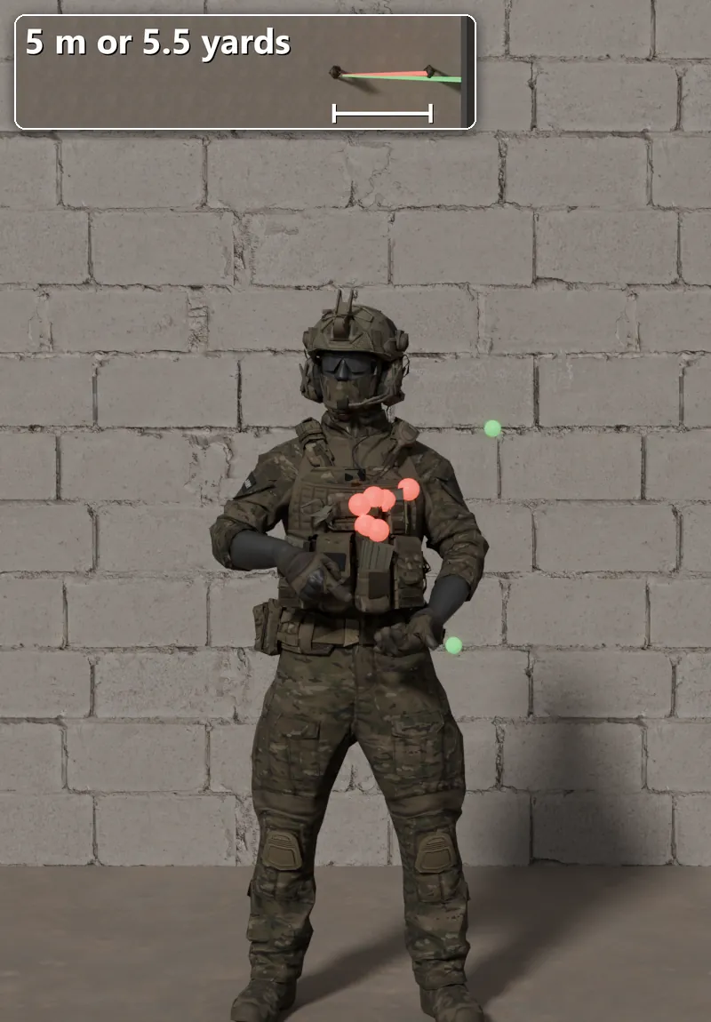 Stock R12 shot at a soldier 5 m away: 6 of 8 pellets hit.