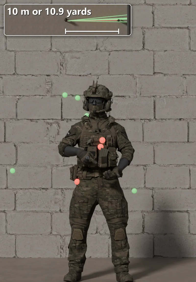 Stock R12 shot at a soldier 10 m away: 3 of 8 pellets hit.