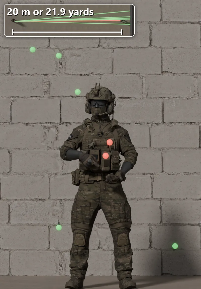 Stock R12 shot at a soldier 20 m away: 2 of 8 pellets hit.
