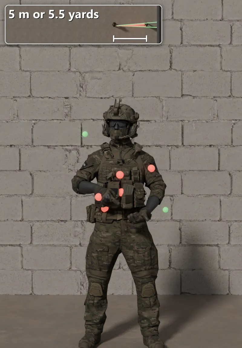 Stock R12 shot at a soldier 5 m away: 6 of 8 pellets hit.