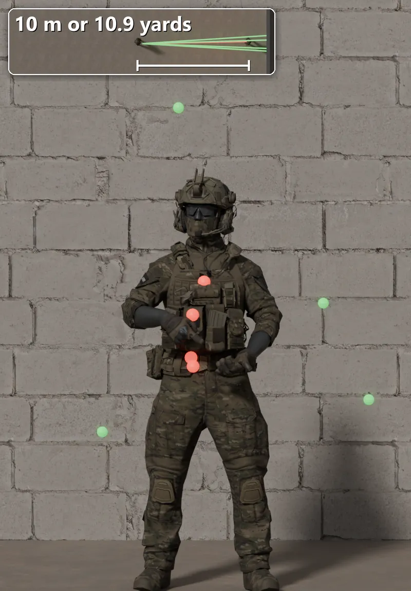 Stock Vaiga shot at a soldier 10 m away: 4 of 8 pellets hit.