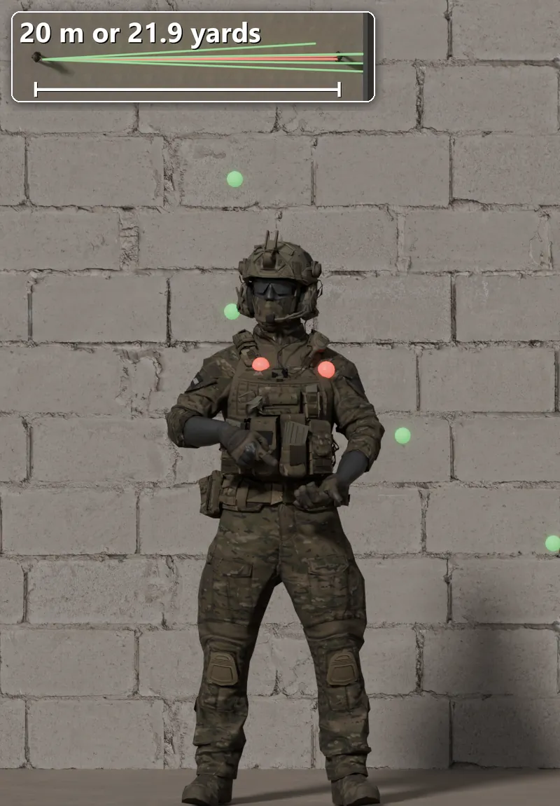 Stock Vaiga shot at a soldier 20 m away: 2 of 8 pellets hit.
