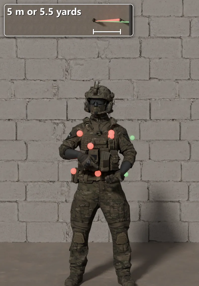 Stock Vaiga shot at a soldier 5 m away: 6 of 8 pellets hit.