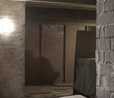 Basement wooden wall lit by a lamp, where shadows show movement.