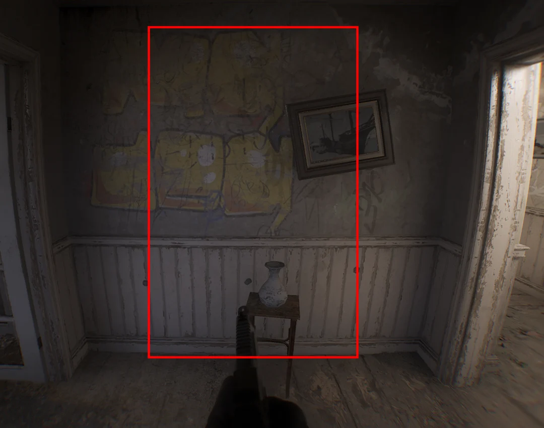 The wall inside the room, marked in red.