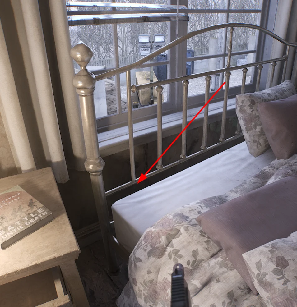Plant spot behind the bed, marked with an arrow.