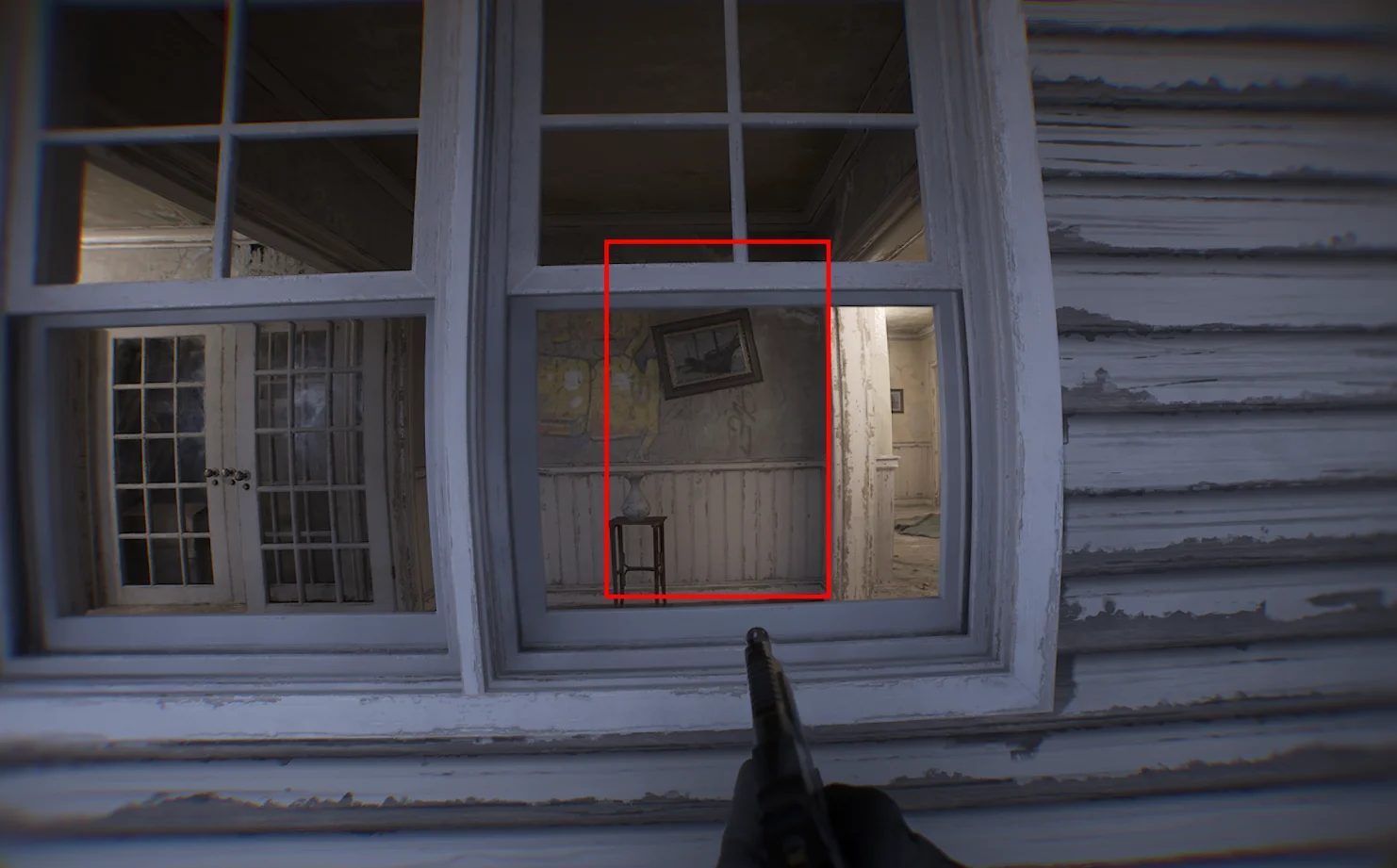 Looking through the window, with the wall to shoot marked in red.