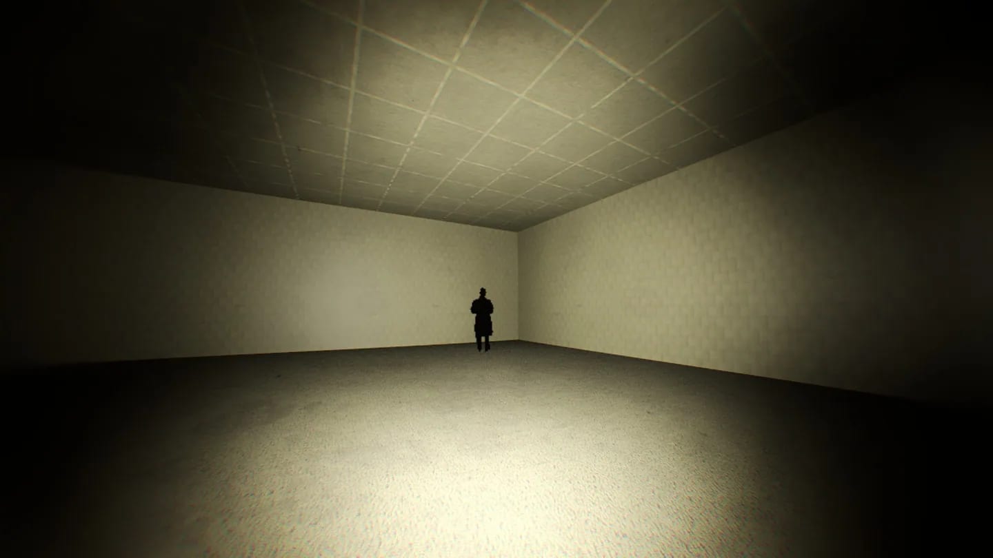 A figure in a larger room within The Backrooms.