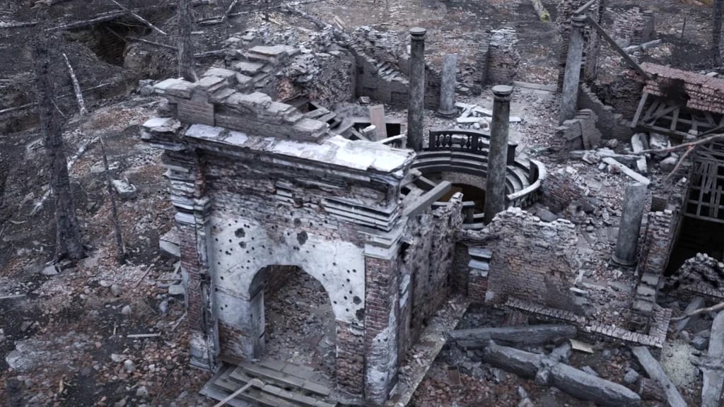 The ruined church is a central landmark.